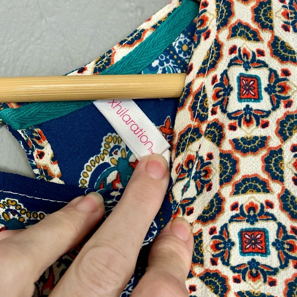 Xhilaration Geometric Tile Print Tank Top Boho Crochet Trim Blue Orange Size L - Picture 5 of 9
